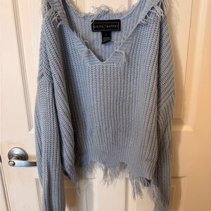 Polly & Esther Light Blue Frayed V-Neck Sweater